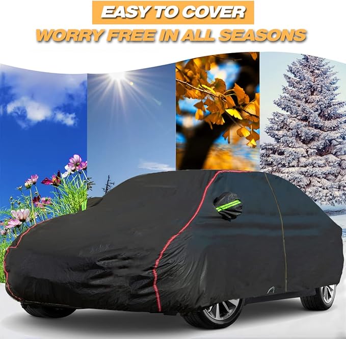 AUQDD 6-Layers PEVA New Material Sedan SUV Full Padded Car Cover Waterproof All Weather Weatherproof UV Sun Protection Snow Dust Storm Resistant Outdoor Exterior Custom Form-Fit Straps 198"-208" Black