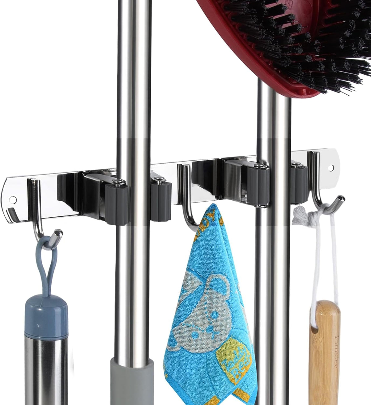 voze 2 Racks and 3 Hooks Mop and Broom Holder Wall Mount, Self Adhesive Heavy Duty Broom Organizer Storage Tool Racks for Kitchen Garden Laundry Garage