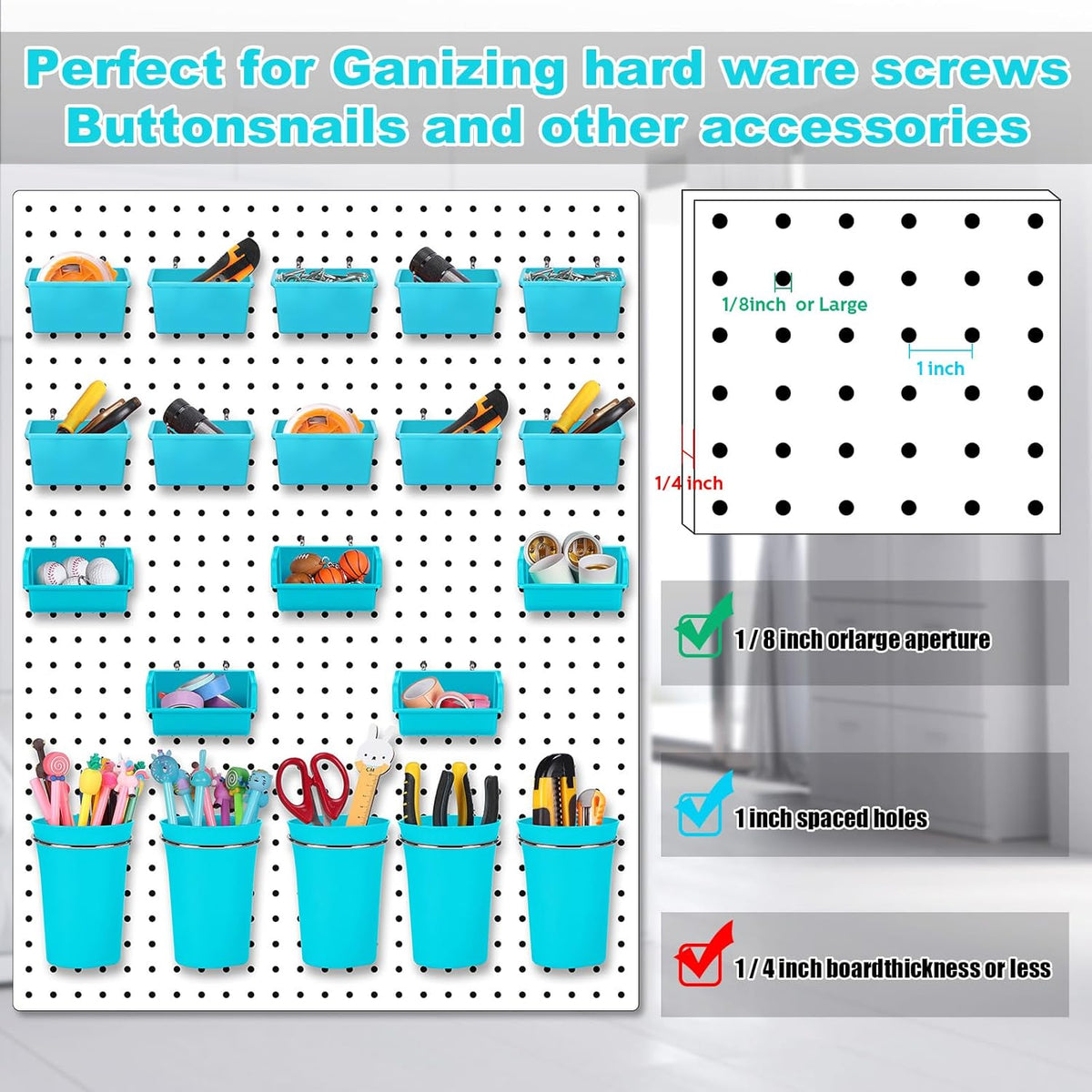 Yookeer 20 Pcs Pegboard Bins and Cups with Hooks and Loops Peg Assortment Organizer Accessories Various Tool Organizer Pegboard Baskets Set for Garage Workshop Workbench Office(Blue)