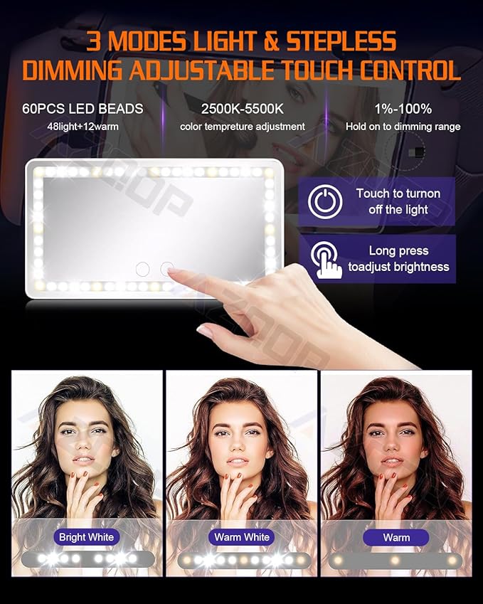 Car Sun Visor Vanity Mirror Compatible for Tesla Model 3 Y S X, Makeup Mirror with 3 Light Modes, Dimmable Touch Screen, Rectangular White, Car Vanity Mirror with Lights