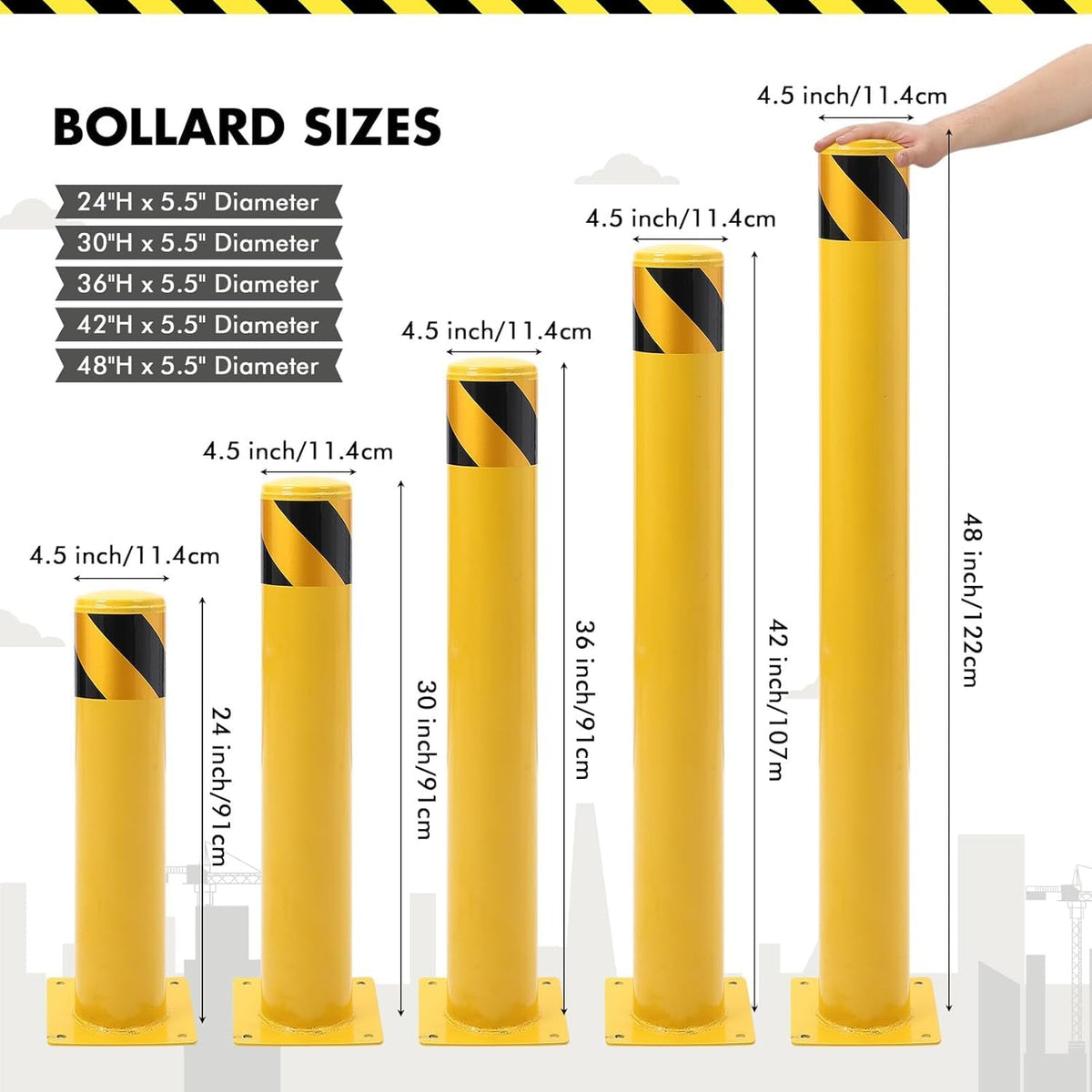 4 Pack Safety Bollard Post, 42 Inch Height 4.5 Inch Diameter Yellow Pipe Safety Steel Bollards with Anchor Bolts and Wrench, Steel Bollards for Road Warning Construction Public Place Traffic Control