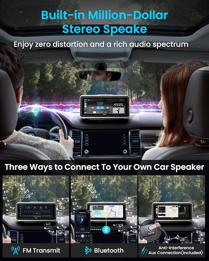 Portable Apple Carplay Screen for Car, Touch Screen with Wireless Android Auto, Car Audio Receivers with Voice Control, Mirror Link, Music Play, GPS Navigation, Built-in Customized Speakers (White)