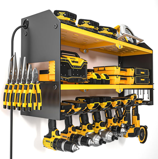 YYR Power Tool Organizer with Charging Station Wall Mount, Cordless Drill and Battery Holder for Garage Organization, Electric Tools Storage Rack Build in Surge Protection Power Strip - Yellow Shelf