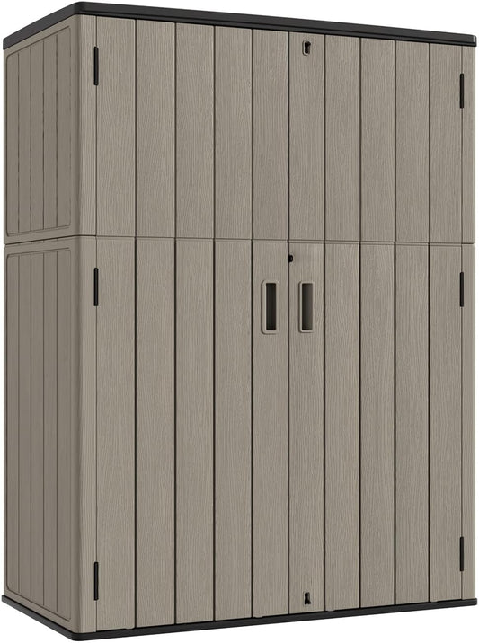 KINYING Outdoor Vertical Storage Shed,57 Cu.ft Outdoor Storage Cabinet Waterproof,Resin Sheds & Outdoor Storage Clearance for Garden,Patio,Backyard,Lockable (Brown)