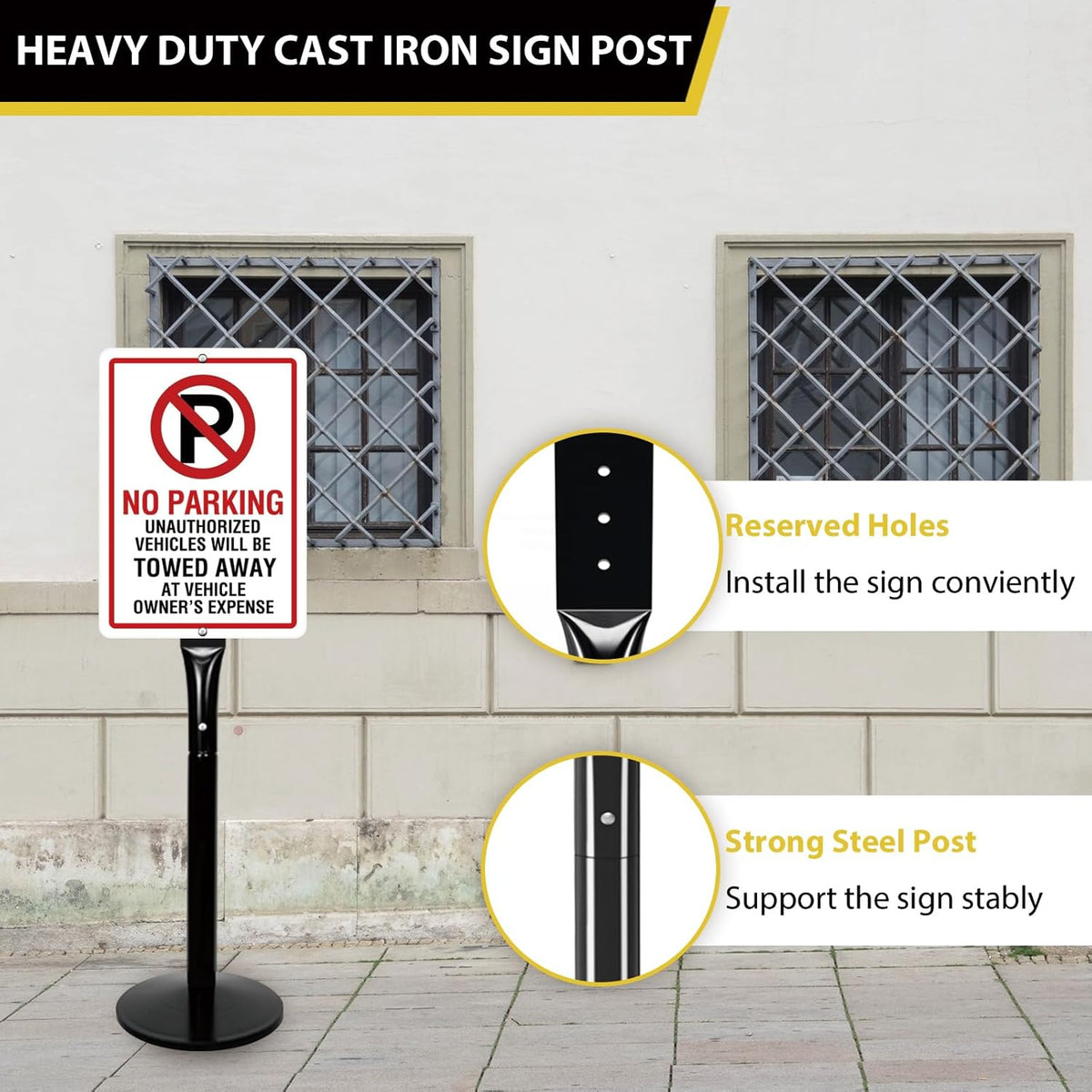 Parking Sign Post with Base - 15 Lbs Heavy Duty Parking Sign Stand for Hanging Traffic Construction Street Warning Notice, Movable Black Cast Iron Base Stand for Outdoor Use, 1 Pack