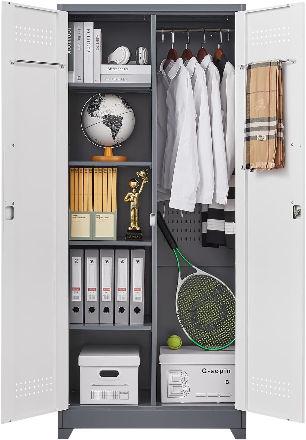 GREATMEET 72.8" Broom Storage Cabinet, Utility Cabinets for Brooms and Mops, Metal Storage Cabinets for Cleaning Supplies, Utility Closet for Garage, Grey&White