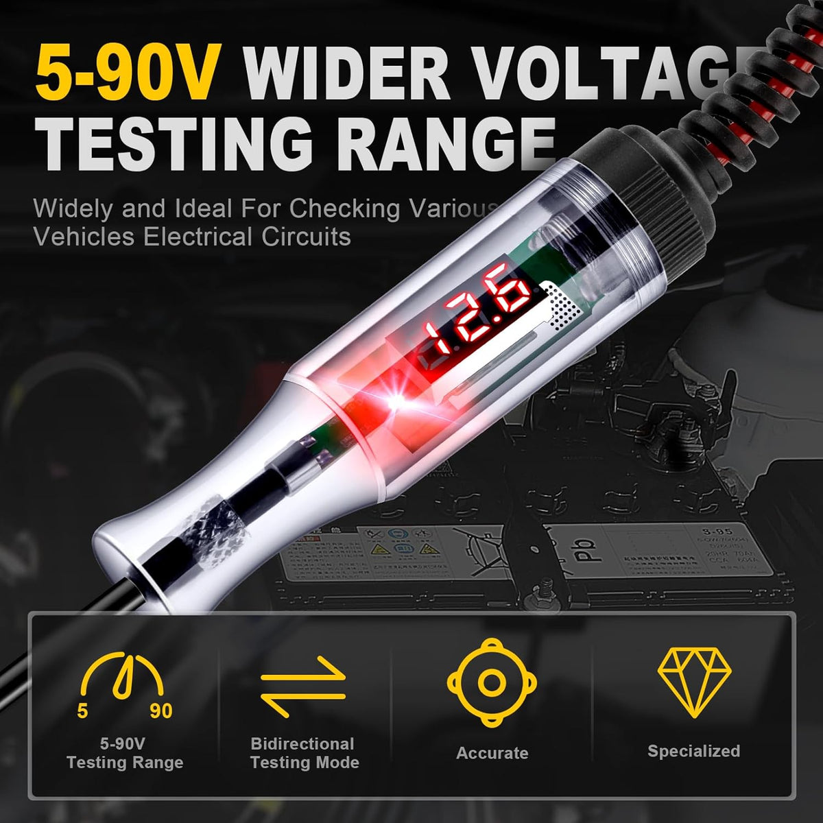 Automotive Test Light 5-90V Digital LED Circuit Tester with Voltage Display, Auto Bidirectional Light Tester, Electrical Voltage Tester with Extended Spring Wire & Probe for Car/RV/Vehicles