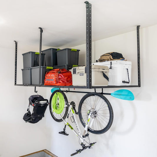 StoreYourBoard 4X8 Garage Storage Rack with Hooks, Ceiling Shelf Overhead Organization, Heavy Duty Steel Platform Holds 700 lbs, 96 in. x 48 in. x 40 in.