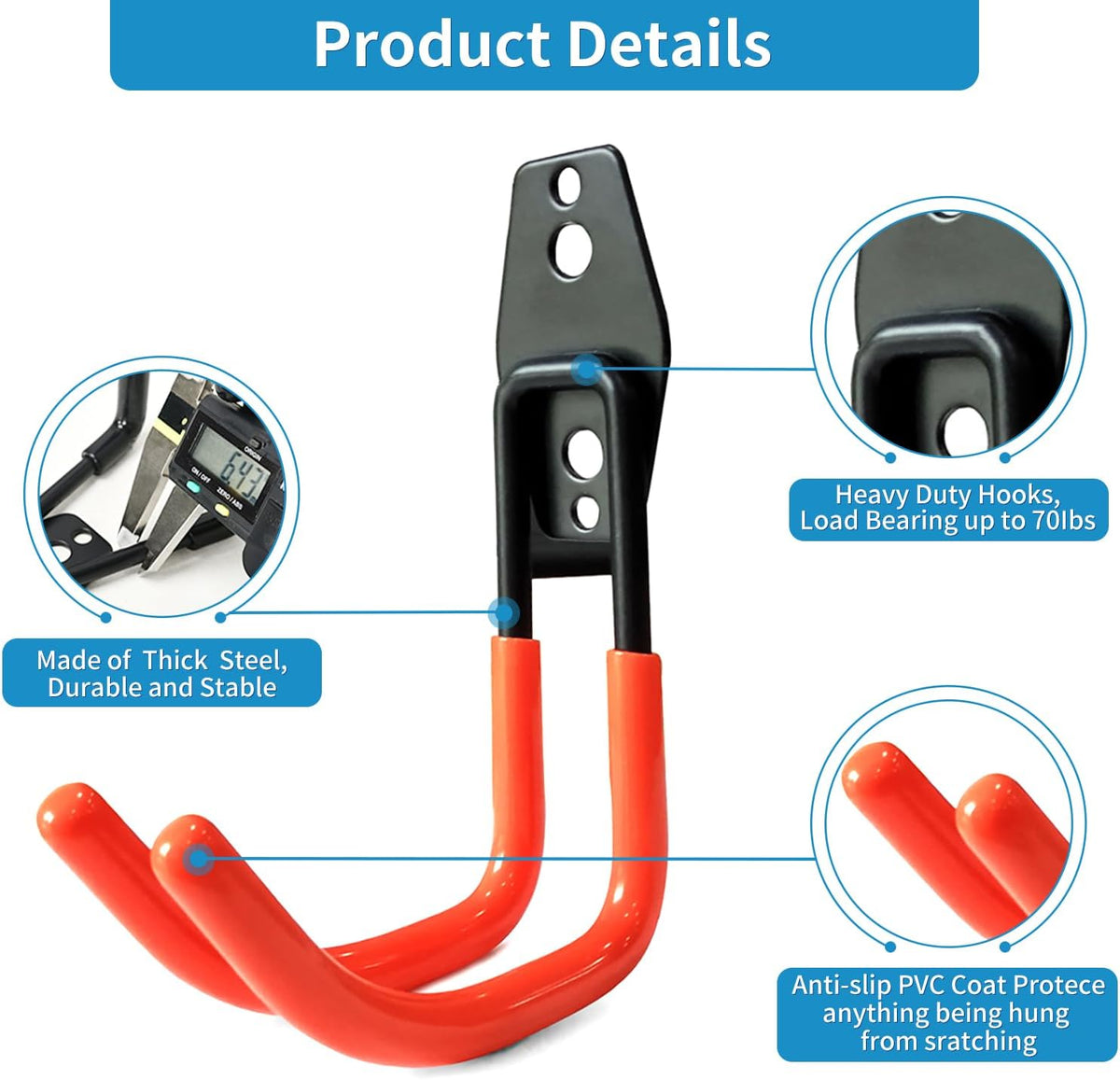 Garage Storage Utility Hooks，Garage Garden Tool Organizer，Steel Wall Mount Hooks, Large Garden U Hooks （2 Pack） (Type-2-Orange)