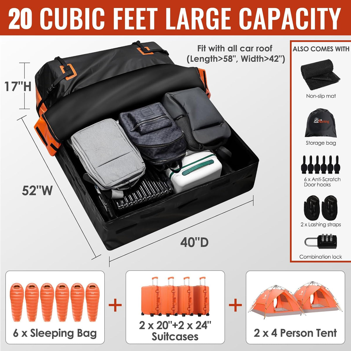 Car Rooftop Cargo Carrier Bag, 20 Cubic Feet Waterproof Heavy Duty 840D Car Roof Bag for All Vehicle with/Without Racks - Anti-Slip Mat, 6 Door Hooks, Storage Bag, 2 Extra Straps, Luggage Lock