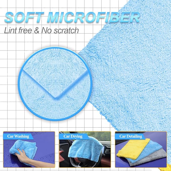 Car Wash Towel(Coral Fleece) for Car,SUV,RV,Motorcycle,Absorbent, Lint-Free, Endless Extra Soft,Reusable and Durable,Interior & Exterior Microfiber Rags 16in x 16in-12 Packs|Blue