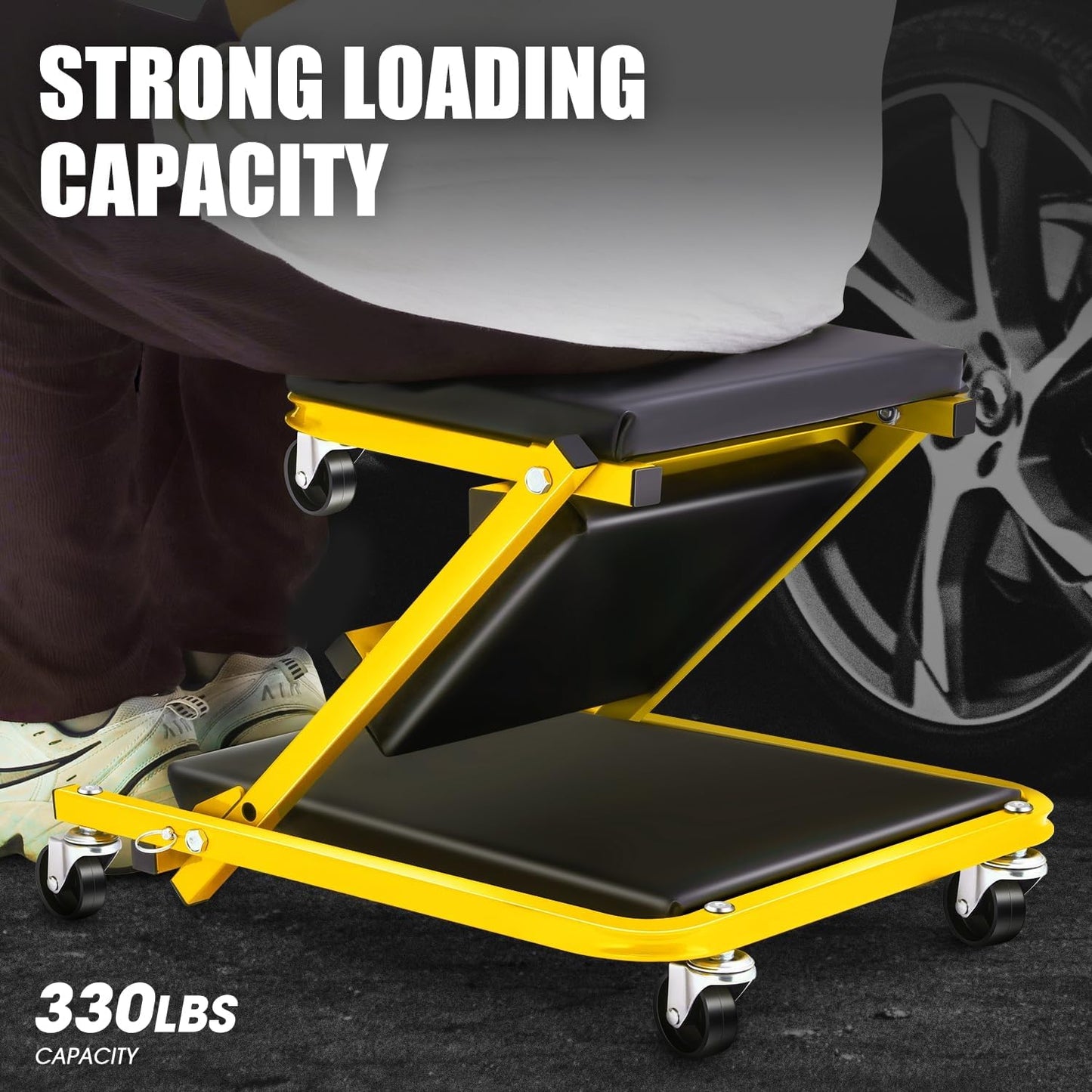 PM PERFORMOTOR 36 Inches Folding 2 in 1 Rolling Z Creeper, Adjustable Roller Garage Chair Lay Down or Sit, 6 Pcs 2" Casters, 150kg Weight Capacity, Yellow,PM-TOL-CPS36-YL