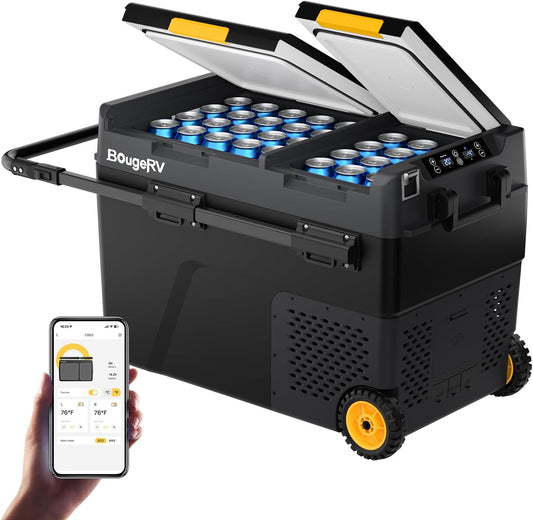 BougeRV 12 Volt Car Refrigerator, CRD2 52 Quart Portable Fridge Freezer with APP Control, -4℉ to 68℉ Dual Zone Compressor Electric Cooler 12/24V DC, 110~240V AC for Overlanding, Camping, RV, Truck