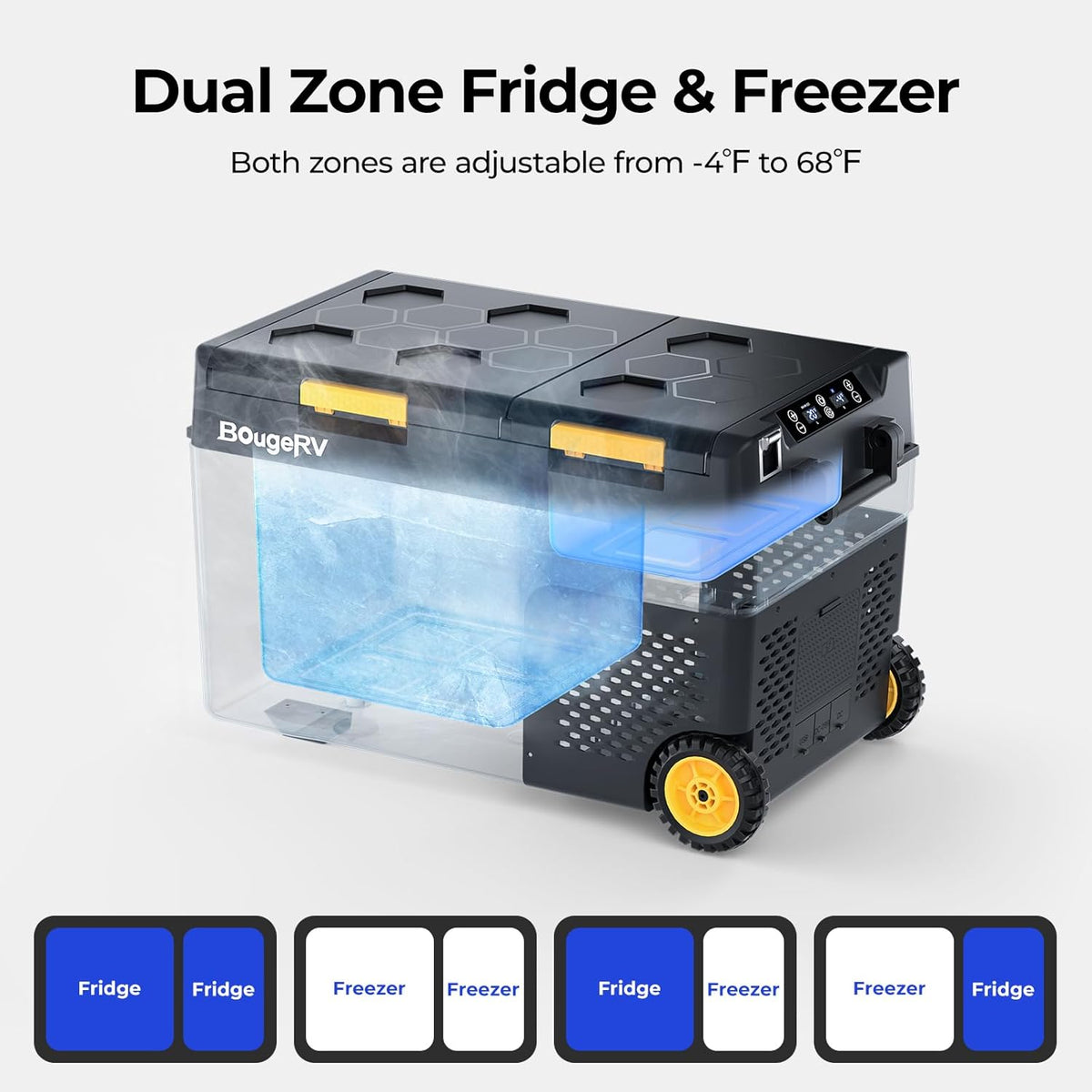 BougeRV 12 Volt Car Refrigerator, CRD2 43 Quart Portable Fridge Freezer with APP Control, -4℉ to 68℉ Dual Zone Compressor Electric Cooler 12/24V DC, 110~240V AC for Overlanding, Camping, RV, Truck