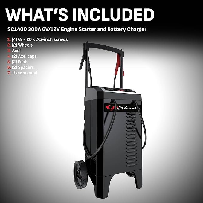 Schumacher Electric Wheeled Battery Charger and Engine Starter, SC1400, 4-in-1, Fully Automatic, 300 Cranking Amps, 60 Amp Boost Mode, 6 Volt, 12 Volt, for Car, Truck, SUV, and Marine Batteries