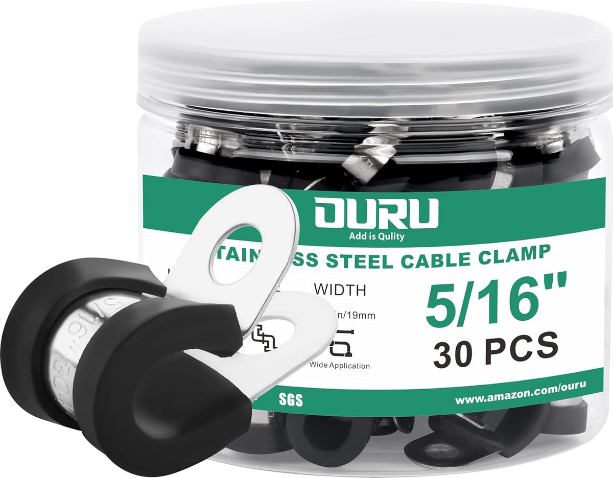 30pcs 5/16 Inch Stainless Steel Cable Clamps,Rubber Coated Cushioned Insulated Cable Clamp,Automotive Cable Wire Clamps,Pipe Clamps,Metal Clamp for Tube,Lines,Wire Cord Installation(Black,8mm)