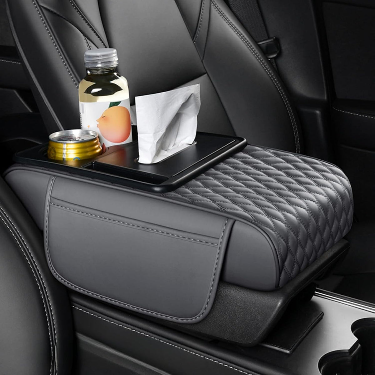 Center Console Cover Organizer, 5-in-1 Arm Rest Cover for Car with Cup Holder & Storage Pocket & Tissue Holder, Armrest Cover Cushion Pad, Water Ripples, Grey
