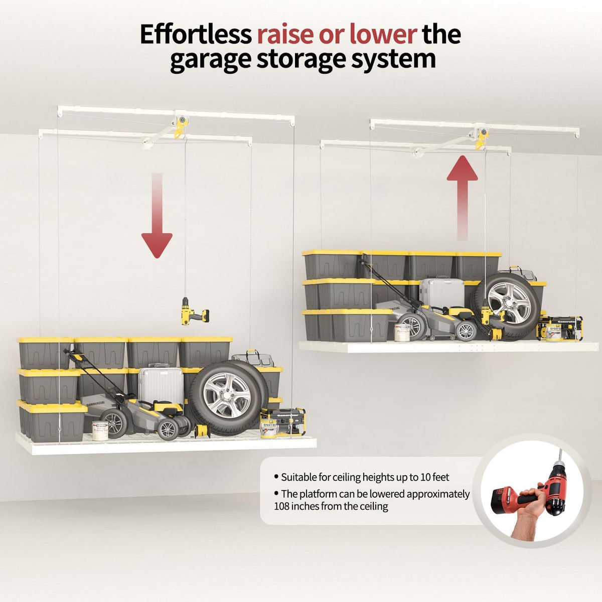 Garage Ceiling Storage Racks – 4x8 FT Overhead Garage Storage Rack with Safety Lock, Heavy-Duty Ceiling Mounted Lift System and Storage Organizer, Ideal for Maximizing Overhead Space, 325 lbs Capacity