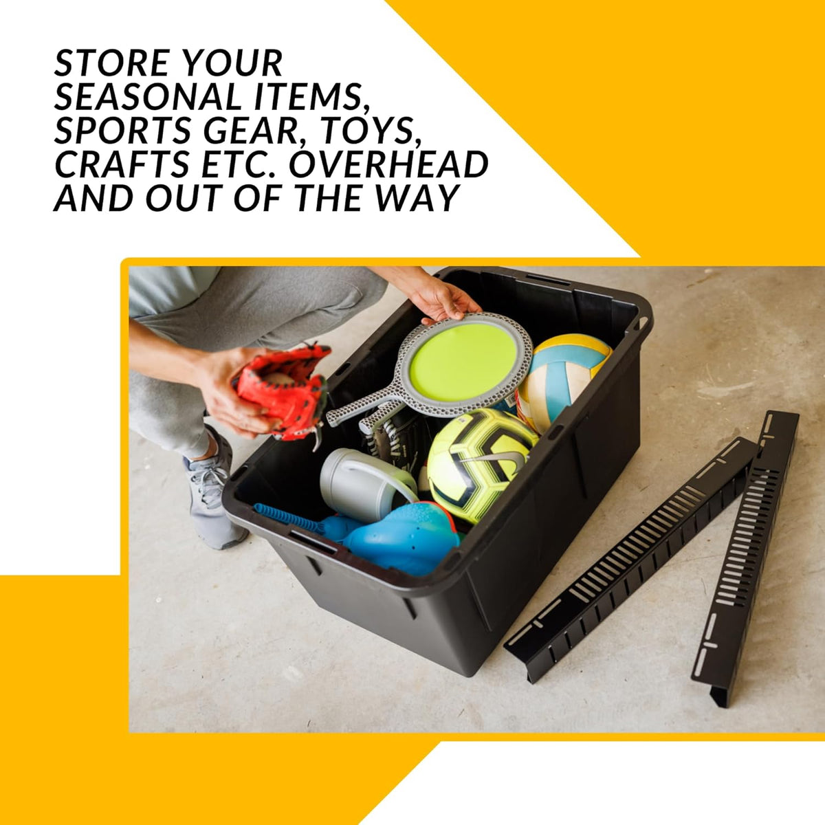 Overhead Bin Rack - Ceiling Mount Overhead Garage Storage Rack | Adjustable Width and Orientation | Heavy Duty Ceiling Bin Storage Rails | Fits Black & Yellow Storage Bins | USA Designed (2 Bins)