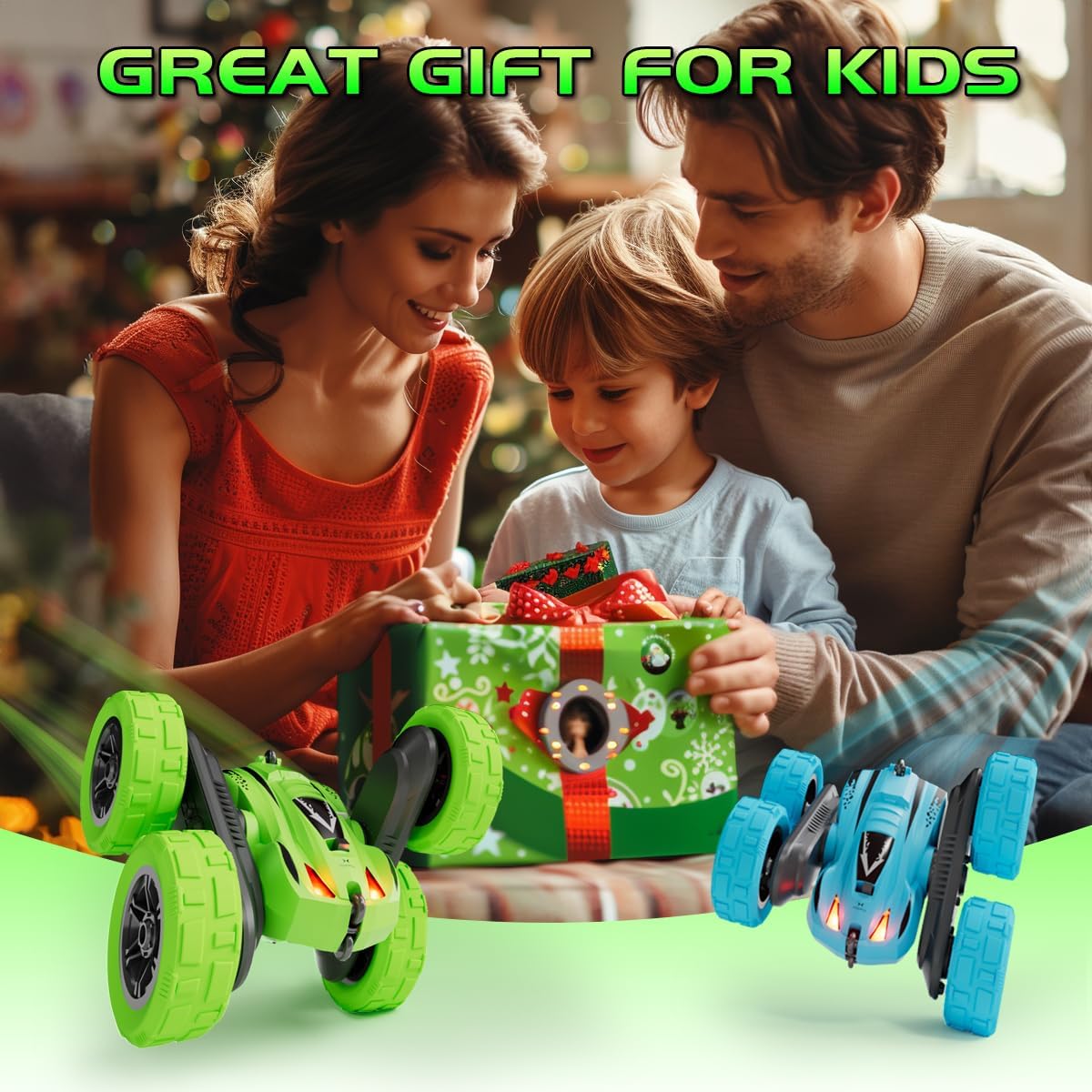 Remote Control Car for 6-12 Year Old Double Sided 360°Rotating 4WD RC Cars with Headlights 2.4GHz Rechargeable Electric Stunt Race Car Toy for Boys Girls Birthday Gifts(Blue)