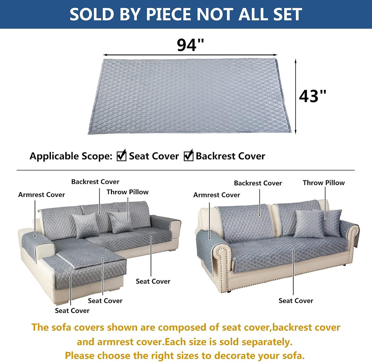 Eismodra Couch Cover,Sectional Couch Covers,Sofa Covers for 3 Cushion Couch,Anti-Slip Sofa Slipcovers for Dogs Cats Kids Loveseat Recliner L Shaped Armrest Backrest,Light Gray 43''x94''(Only 1 Piece)