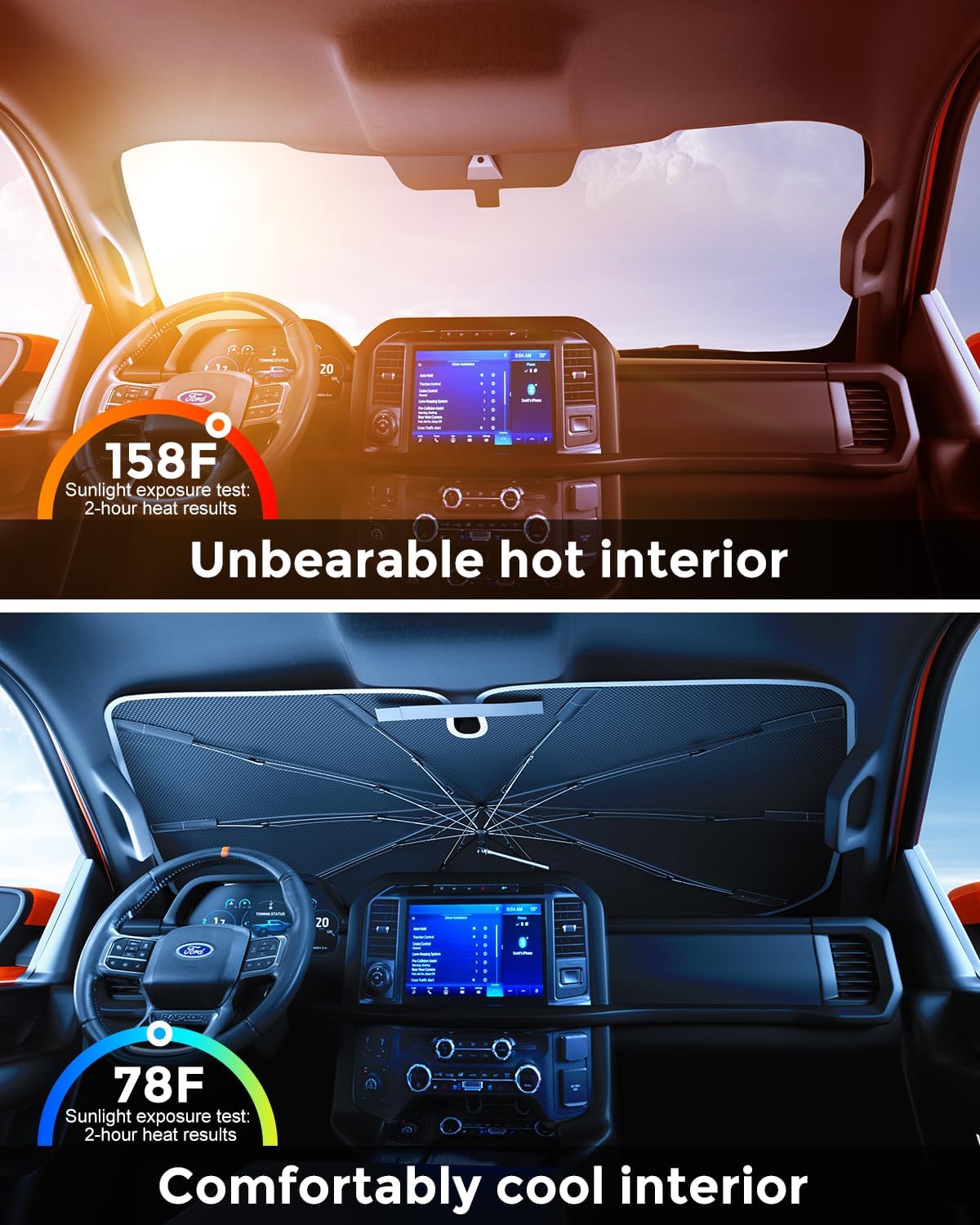 [2025 Upgraded] Weektic Truck Windshield Sun Shade for F-150/Silverado/Tundra/RAM 1500/Sierra - 5 Layers Ice Crystal Coating Blocks 99% UV, Cools Interior | 360° Swivel Handle for Easy Use