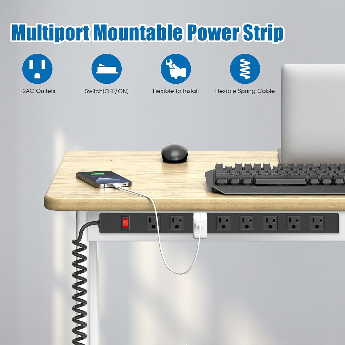HHSOET 8 Outlet Metal Wall Mount Power Strip, Mountable Outlet with Switch, Heavy Duty Wide Spaced Surge Protector, 6 FT SJT 14AWG Black Spring Cord.