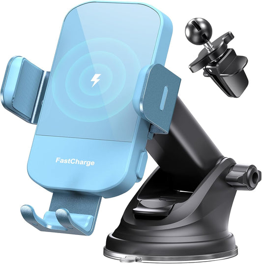 CHGeek Wireless Car Charger, 15W Fast Charging Auto Clamping Car Charger Phone Mount Phone Holder fit for iPhone 15 14 13 12 11 Pro Max Xs, Samsung Galaxy S25 Ultra S24 S23 S22, S21, S20, Cyan