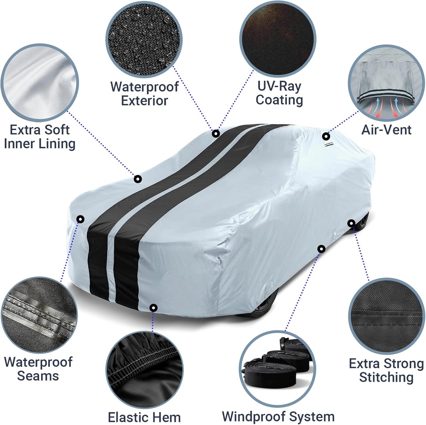 iCarCover Custom Car Cover for Pontiac Parisienne 4-Door (1971-1976) Waterproof All-Weather Rain Snow UV Sun Protector Full Exterior Indoor Outdoor Car Cover (Stripe - Gray/Black)