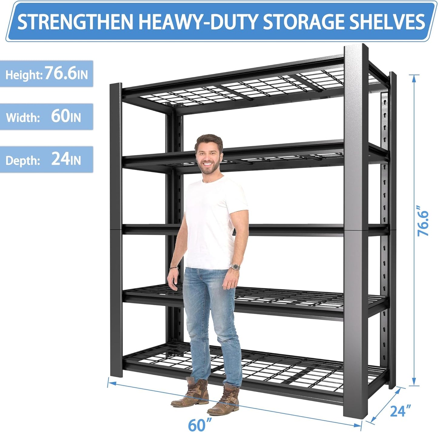 5-Tier Heavy Duty Garage Shelving Unit with Wire Shelves,3000 LBS Capacity Metal Storage Rack 76"H x 60"W x 24"D,Adjustable Boltless Steel Shelves for Garage,Basement,Pantry,Warehouse.4 Pack