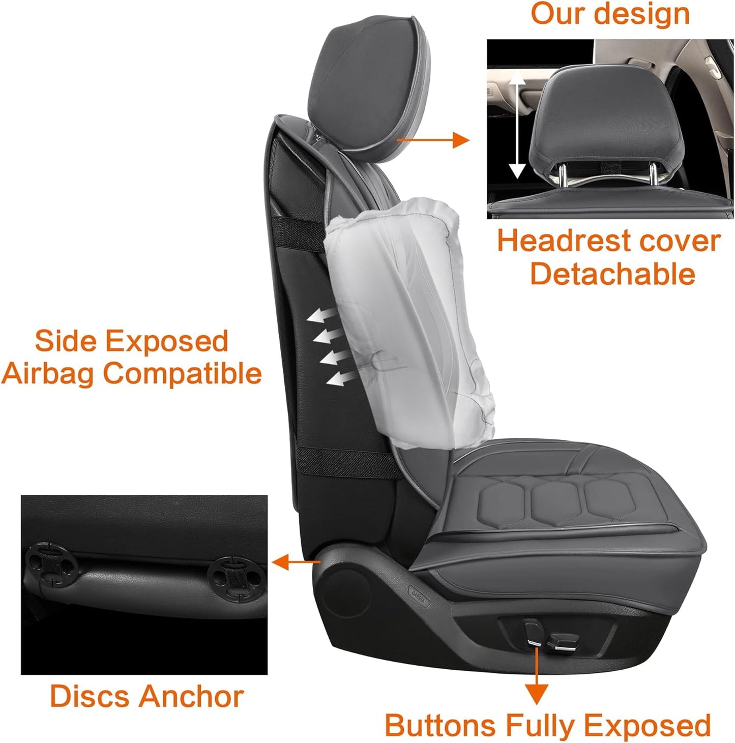 Pariitadin Leather Car Seat Covers Front Pair, Waterproof Breathable Faux Leather Automotive Seat Covers for Cars, Non-Slip Car Interior Covers Universal Fit Most Cars Sedans Trucks SUVs, Gray