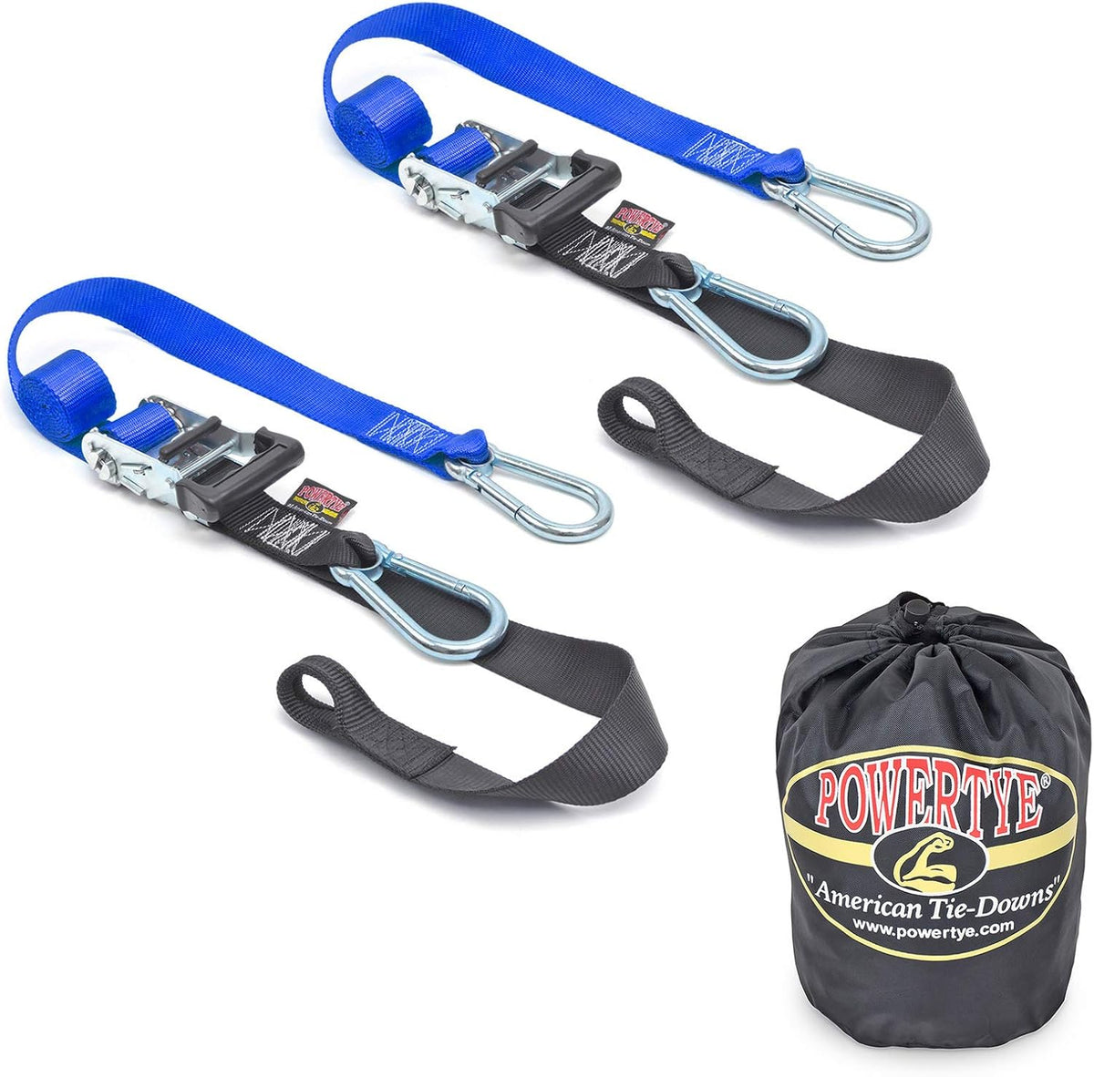 PowerTye 1.5in x 6.5ft Heavy Duty Ratchet Tie-Down Straps with Soft-Tye, Carabiner Hooks - 1,000 lb Working Load Limit / 3,000 lb Breaking Strength - Made in USA - Blue/Black Pair + Storage Bag