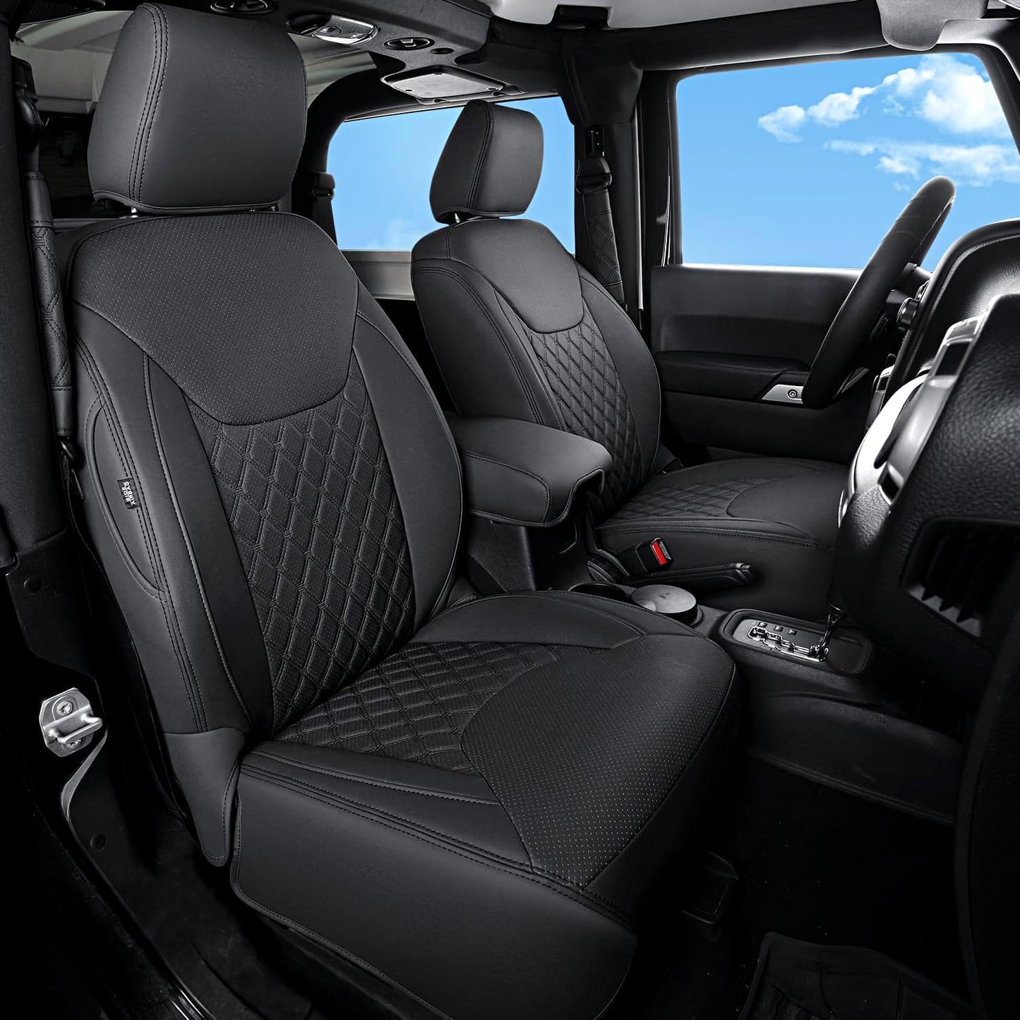 GIANT PANDA Customized Full Set Car Seat Covers for Jeep Wrangler 2 Door JK Sport Sahara Rubicon Freedom Willys Wheeler 2013 2014 2015 2016 2017, Faux Leather - (Black)