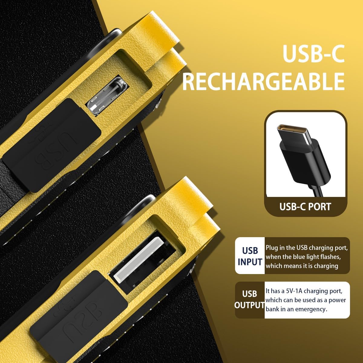 WARSUN Portable Rechargeable Magnetic Work Light, LED Flood Light Waterproof for Outdoor Camping Hiking Emergency Car Repairing (USB + Solar Charging, Yellow)
