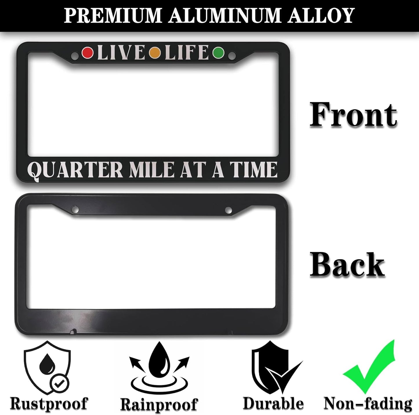 License Plate Frames Black and White Fun License Plate Frame Cover Live Life, Quarter Mile at a Time Universal Aluminum Car Accessory 2 Pack with Screw Covers Set