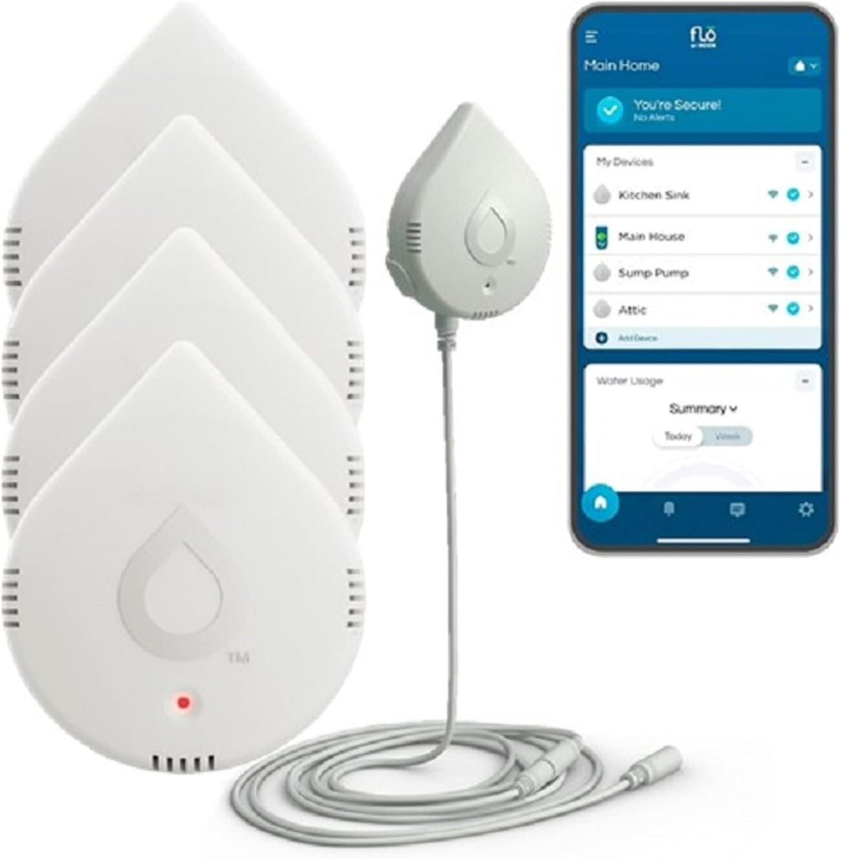 Moen Flo Smart Water Leak Detector, White, 4-Pack 920-005 + 2-Pack 6-Foot Leak Sensing Cable