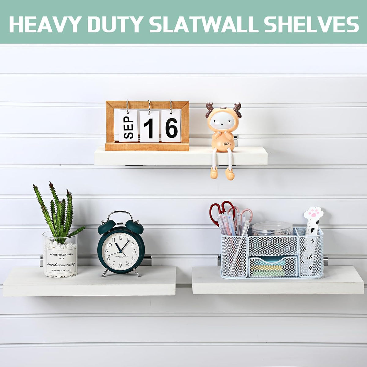 4 Pack Wooden Slatwall Shelf, 16.1" D x 6.7" W x 1.1" H Slatwall Shelves with Metal Hooks Organizer Set Mounted Accessories for Garage Home Workshop Workbench