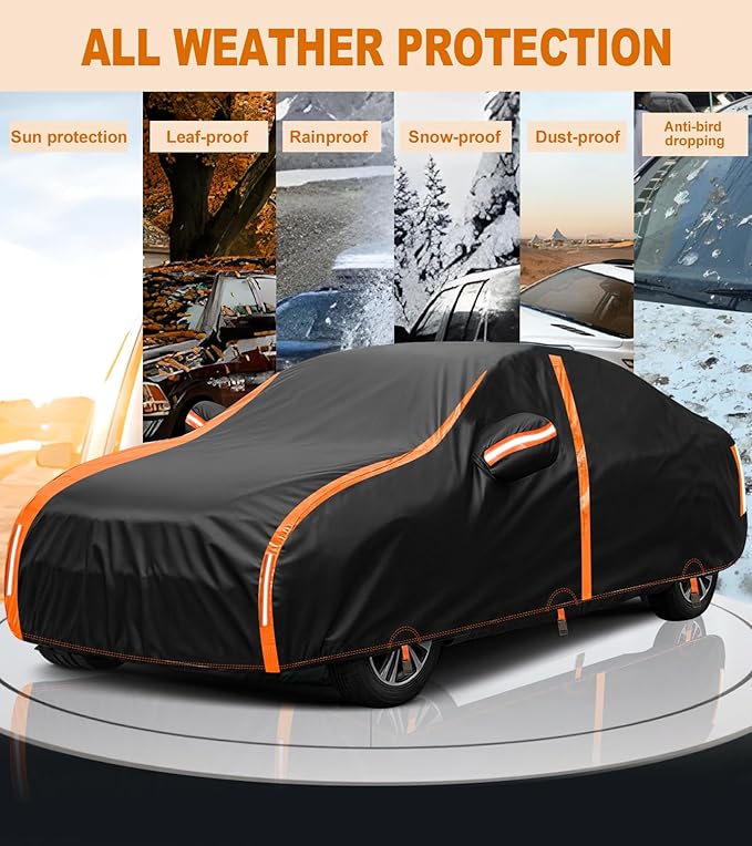 Car Cover Waterproof All Weather for Automobiles Winter Snowproof Rain UV Protection Heavy Duty Outdoor Sedan Car Cover & Car Snow Cover Universal Fit for Sedan Length Up to 212’’