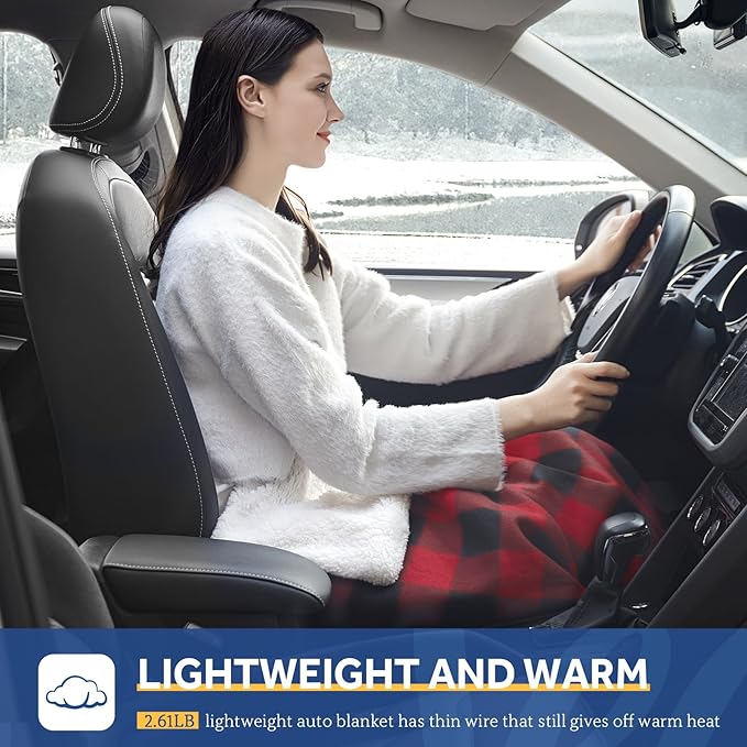 Sealy 12-Volt Heated Car Blanket with 2 Output USB Ports, 3 Heating Levels & 4 Hours Auto Off, Electric Blanket for Car Truck, SUV, RV or Camping, Machine Washable, 59" X 43", Plaid