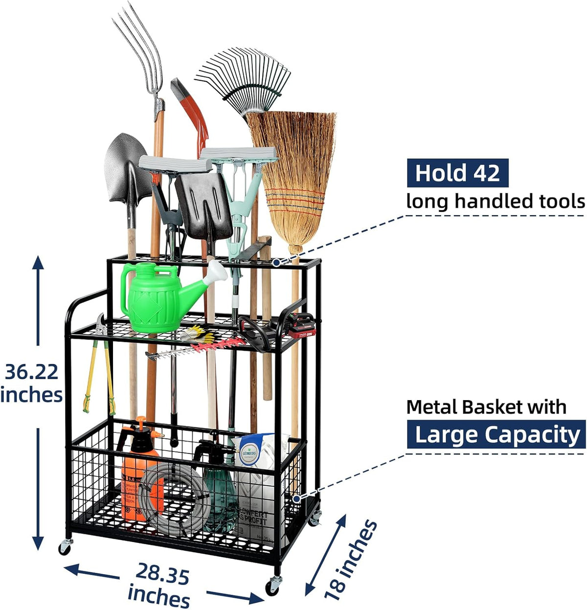 Heavy Duty Garden Tool Storage and Organizer, Yard Tool Organizer with Wheels, Thickened Metal Large Tool Organizers and Storage for Garage, Shed, Outdoor