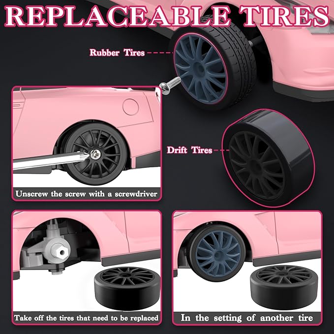 RC Drift Car, 1/24 Pink Remote Control Car for Girls, 2.4GHz 4WD High Speed Drifting RC Cars with LED Light, Two Batteries and Drift Tires, Racing Toy Cars for Kids Adults Girl Boys, Pink