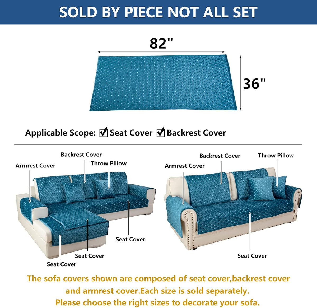 Eismodra Couch Cover,Sectional Couch Covers,Sofa Covers for 3 Cushion Couch,Anti-Slip Sofa Slipcovers for Dogs Cats Kids Loveseat Recliner L Shaped Armrest Backrest,Blue 36''x82''(Only 1 Piece)