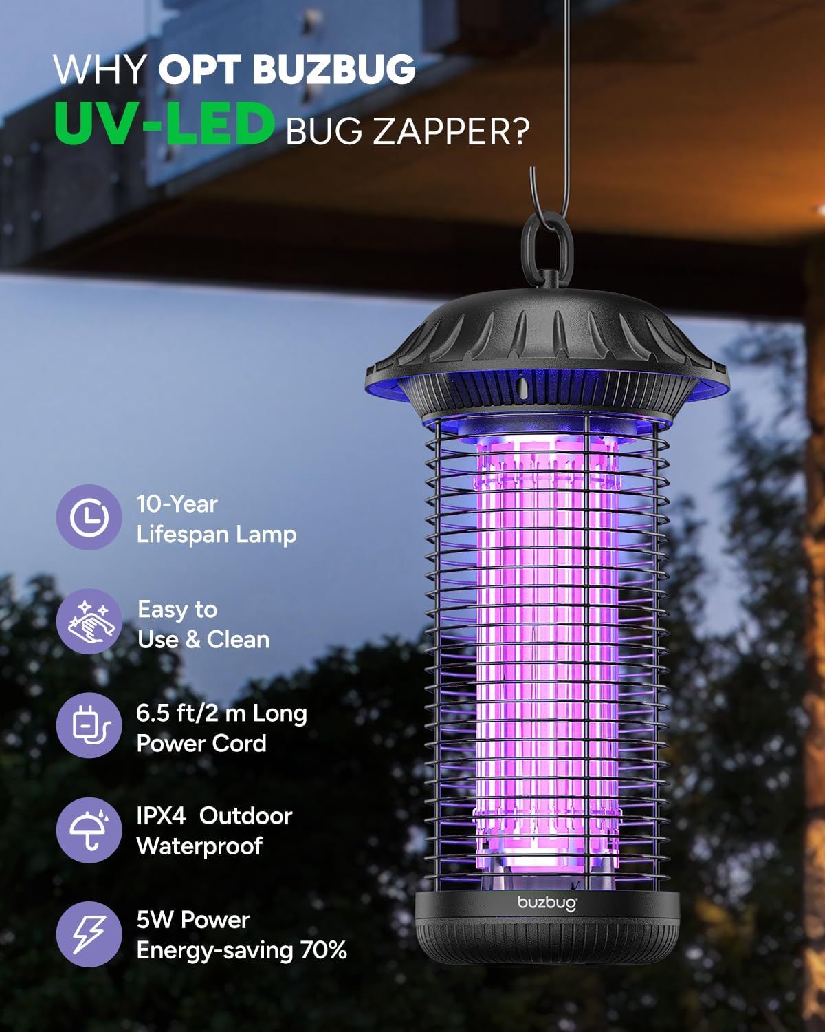 Buzbug LED Bug Zapper Indoor Outdoor, 10 Years Lifespan, 6.5ft Power Cord, IPX4 Waterproof, High-Voltage, Mosquito Zapper, Fly Trap Mosquito Trap, Fly Killer Fly Zapper -MO008C