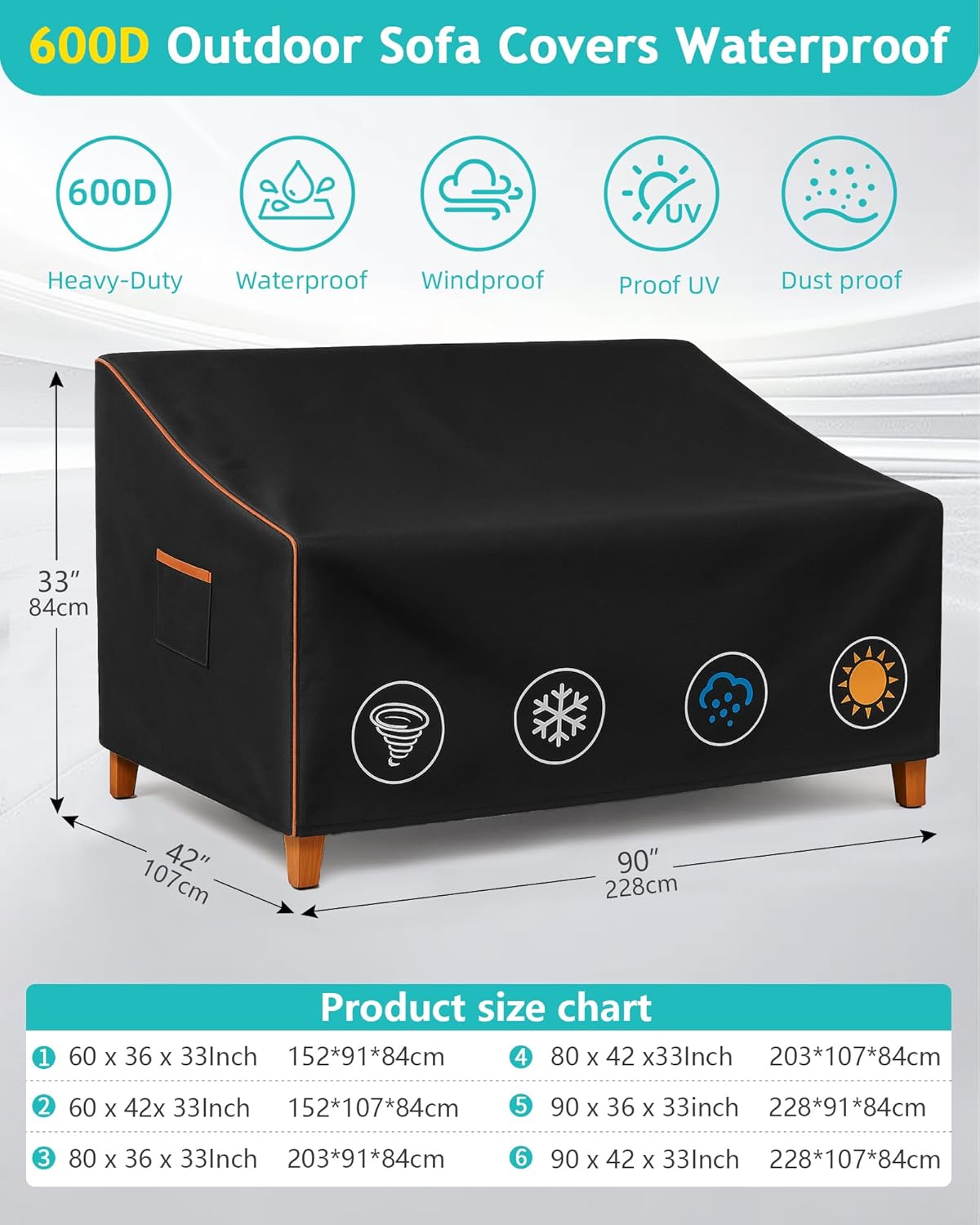 Outdoor Sofa Cover, Waterproof Patio Furniture Cover 90W x 42D x 33H inches Heavy Duty 600D Oxford Fabric Black