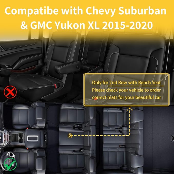 GINOWY-Floor Mats for Chevy Suburban/GMC Yukon XL 2015-2020 2nd Row with Bench Seat, All Weather Car Floor Mats Non-Silp Suburban 2020 Accessories Rubber Floor Liners