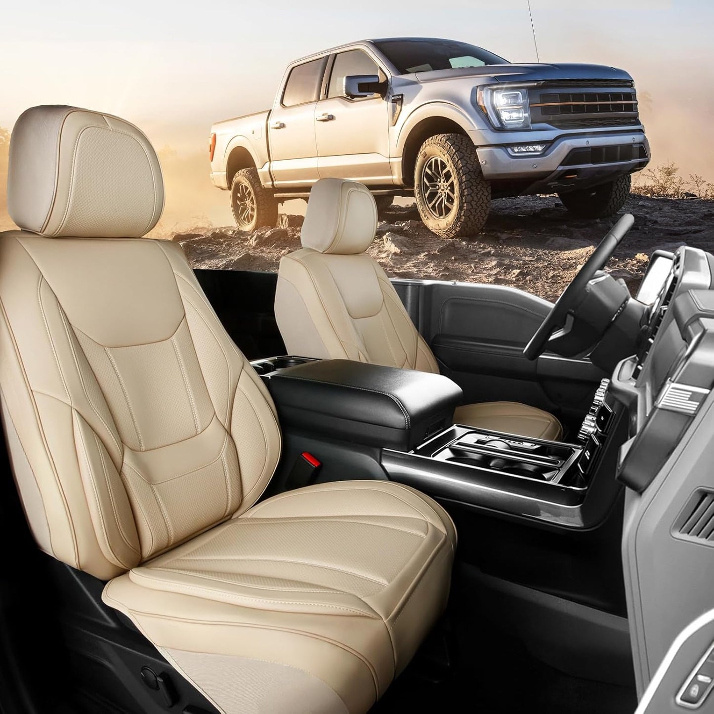 Coverland Custom Car Seat Covers Compatible with 2000-2006 Tundra Regular Cab, Access Cab, Double Cab - Premium Leather Waterproof Interior Protector Front Seat-Beige [See Size Chart-Size A61]