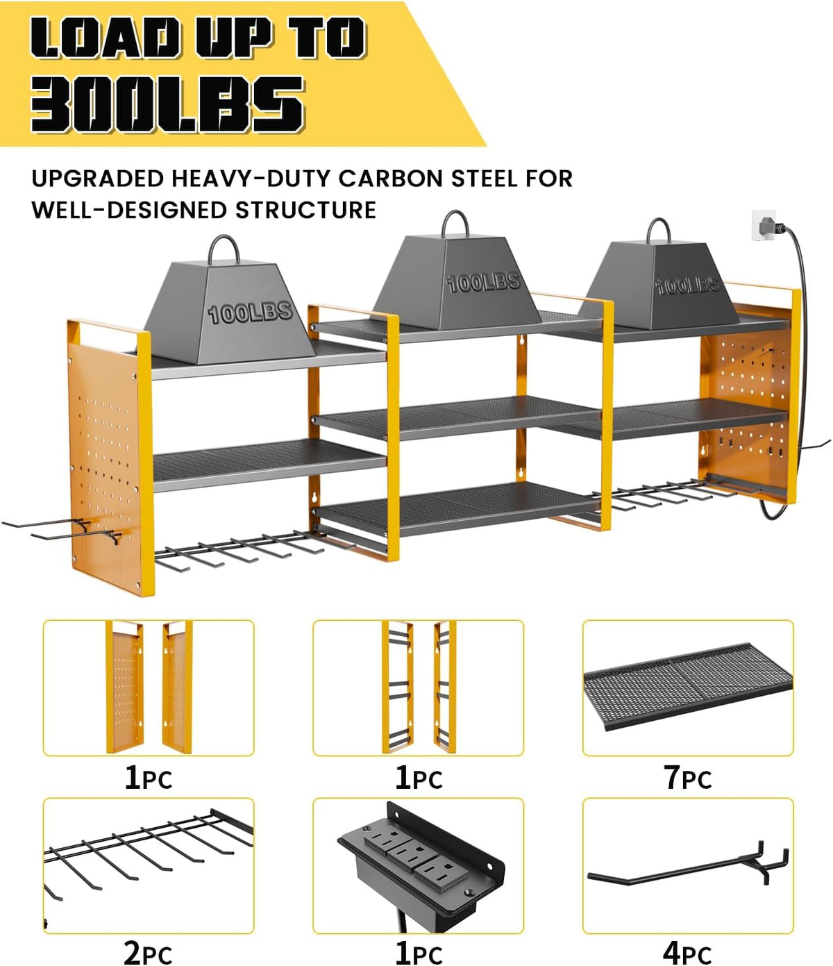 Heavy-Duty 48" Wall Mount Power Tool Organizer with Charging Station – 3-Tier Garage Organization Rack for Drills, Wrenches & Tools – Includes 16 Hooks & Pegboard Sides