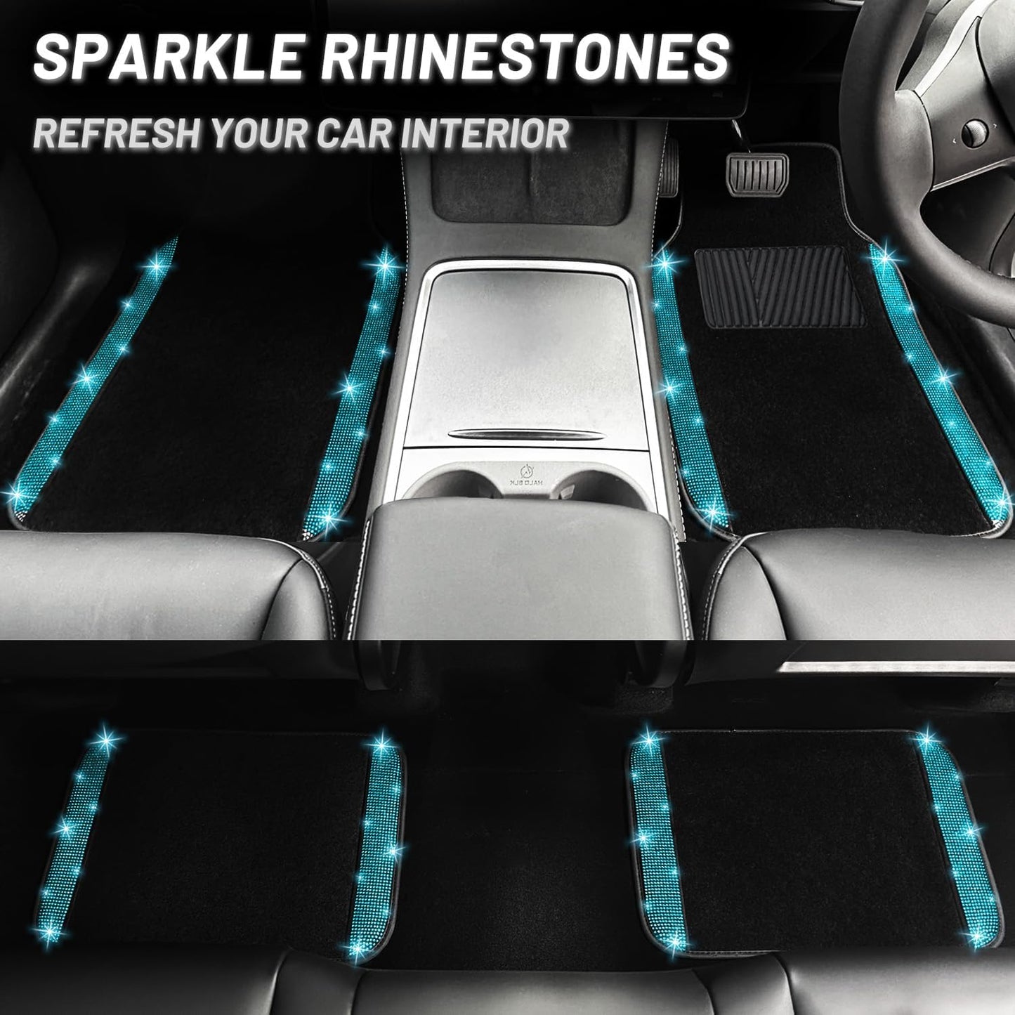 NBTEPEM Aquamrine Bling Car Floor Mats Full Set, Universal Fit Most Cars,SUV, Trucks, 4 pcs Sparkle Glitter Diamond Carpet for Women Girls with Anti-Slip Pad (Aquamrine Diamond)