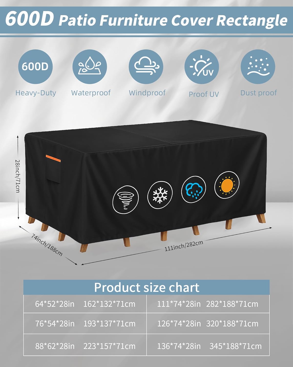 Outdoor Waterproof Furniture Cover, 111W x 74L x 28H inches Heavy Duty 600D Rectangular Table and Chair Set Protection, Black