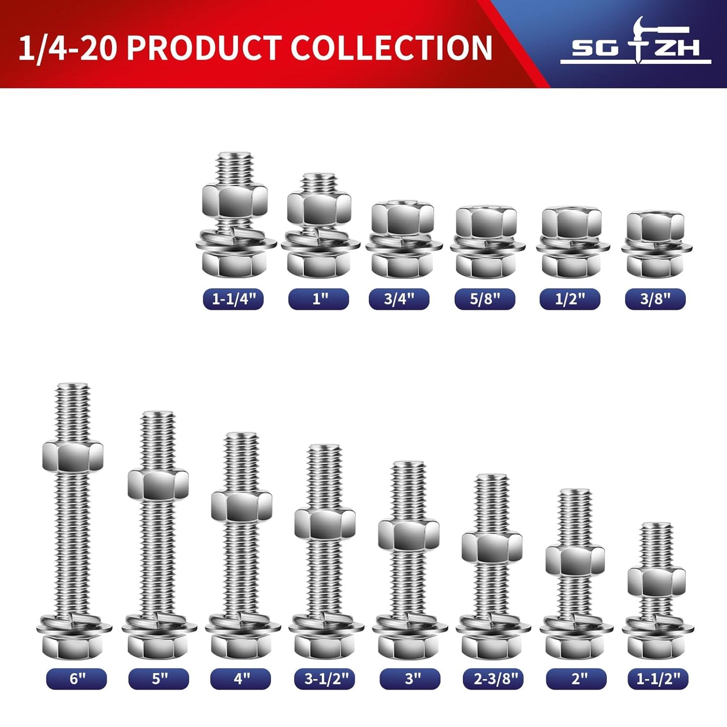 1/4-20 x 5" Hex Head Screw Bolt, Nuts, Flat & Lock Washers, 10Pcs 18-8 (304) Stainless Steel, Fully Threaded, by SG TZH